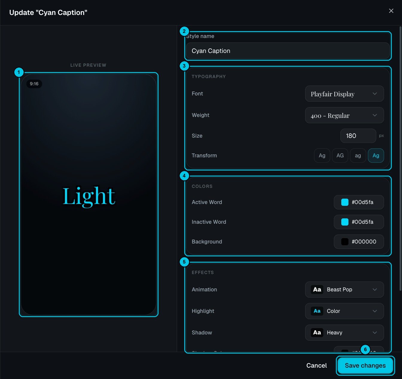 The caption style editor with live preview, typography, colors and effects