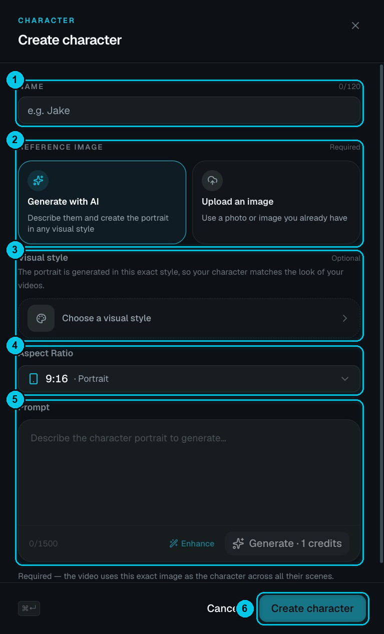 The Create character panel with name, reference image options, visual style, aspect ratio and prompt