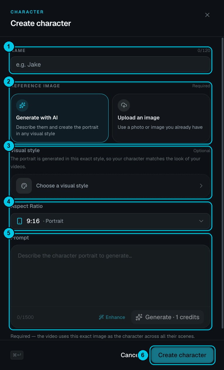 The Create character panel with name, reference image options, visual style, aspect ratio and prompt