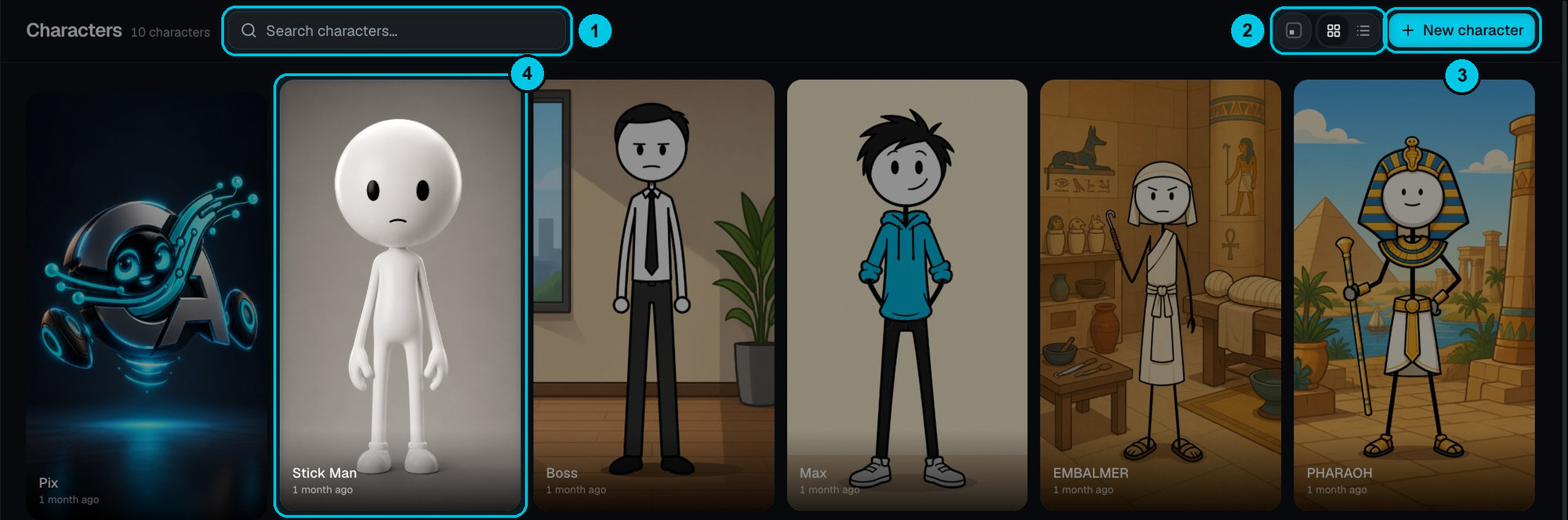 The Characters page with a grid of saved characters