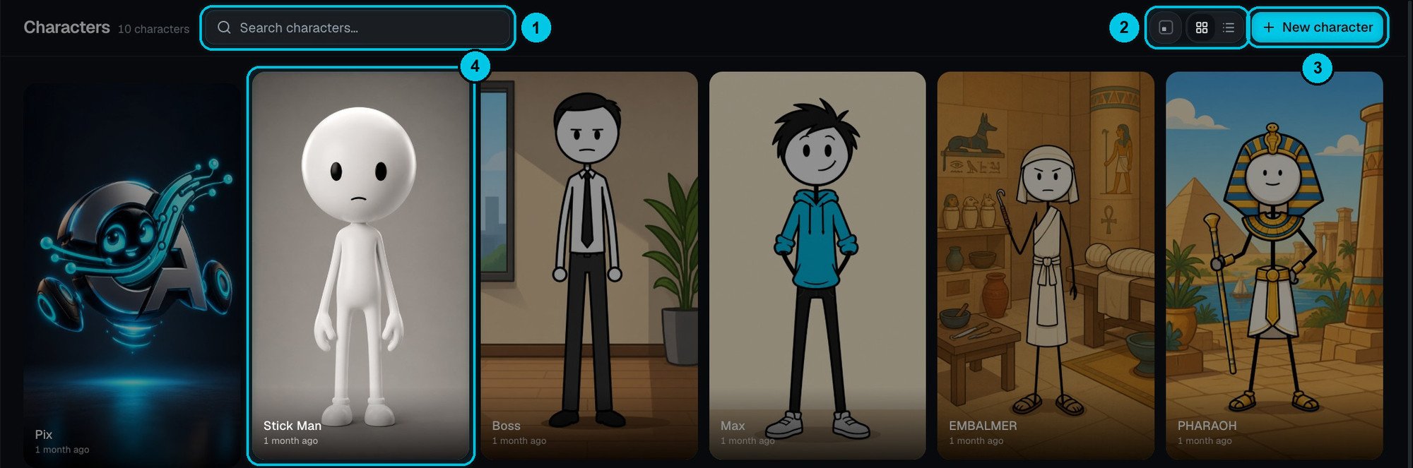The Characters page with a grid of saved characters