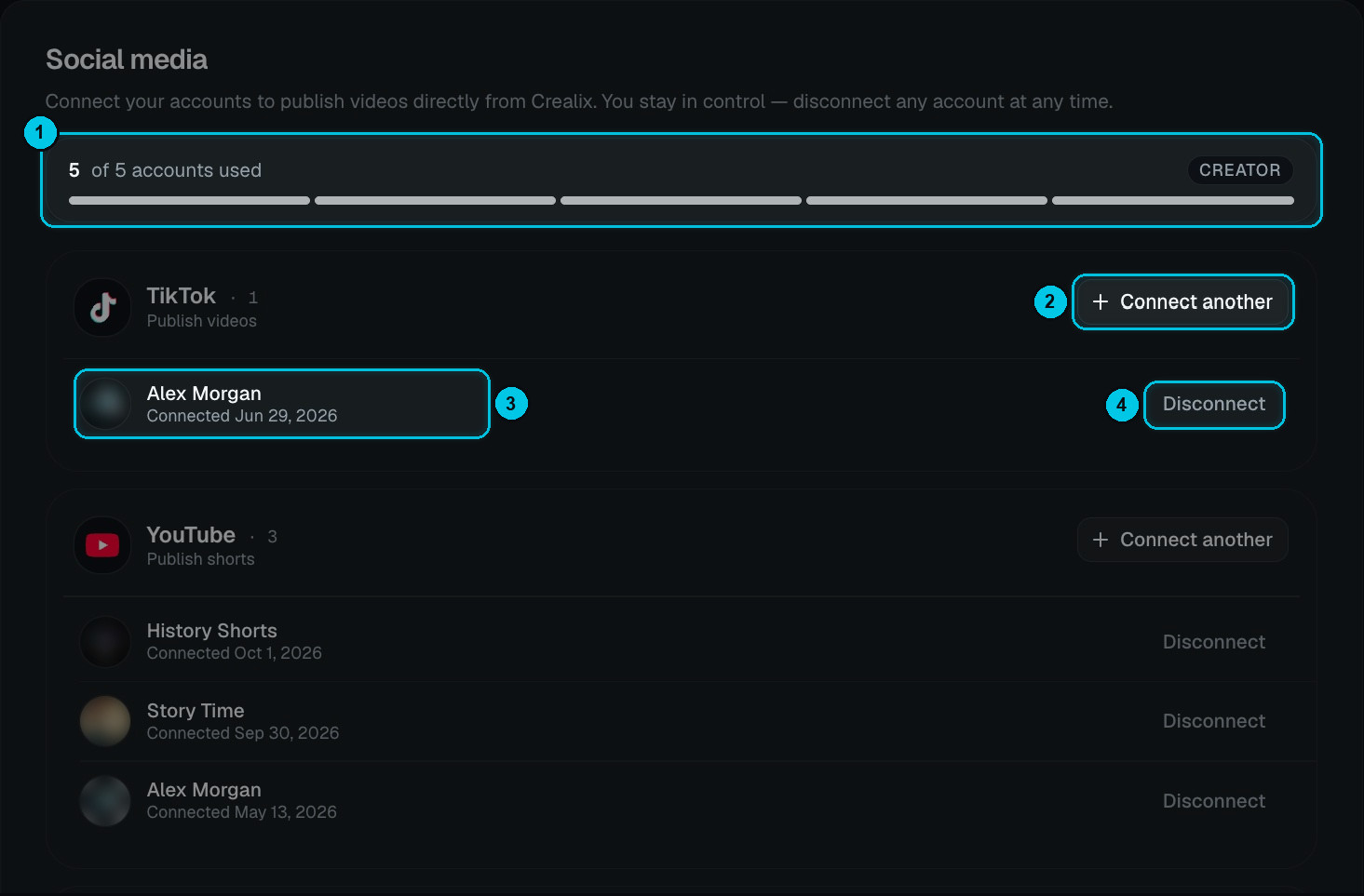 Social Media settings with connected TikTok and YouTube accounts
