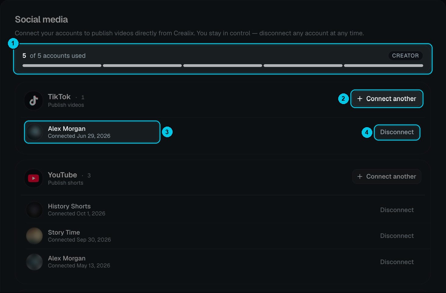 Social Media settings with connected TikTok and YouTube accounts