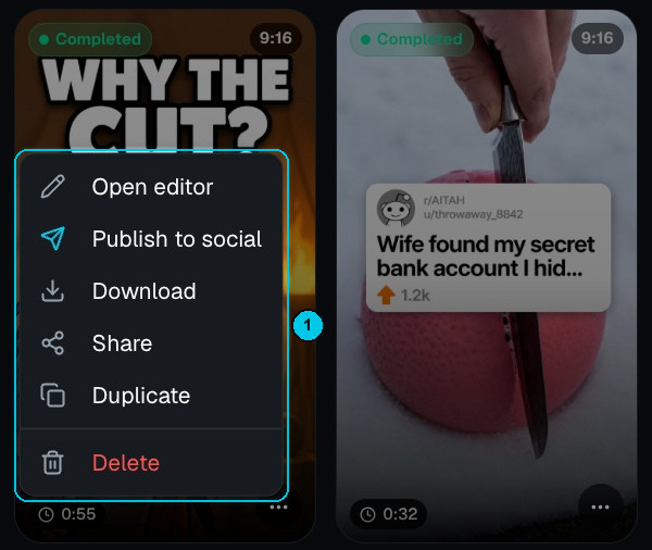 Il menu della scheda con Apri editor, Pubblica sui social, Scarica, Condividi, Duplica ed Elimina