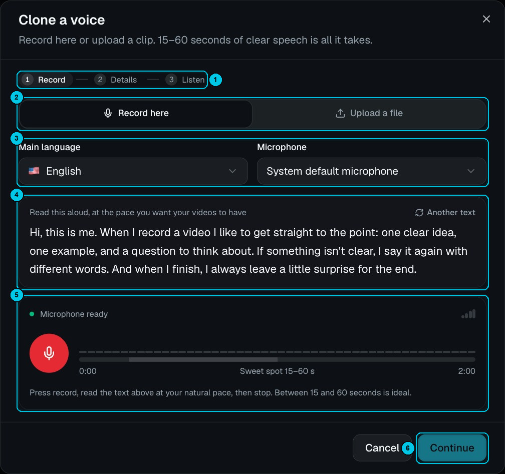 La finestra Clona una voce al passaggio di registrazione