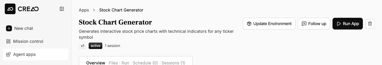 Agent detail page header showing the Update Environment, Follow up, and Run Agent buttons