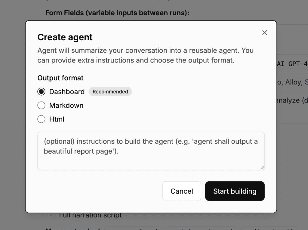 Create agent dialog showing Dashboard selected as output format with Recommended badge, plus Markdown and Html options