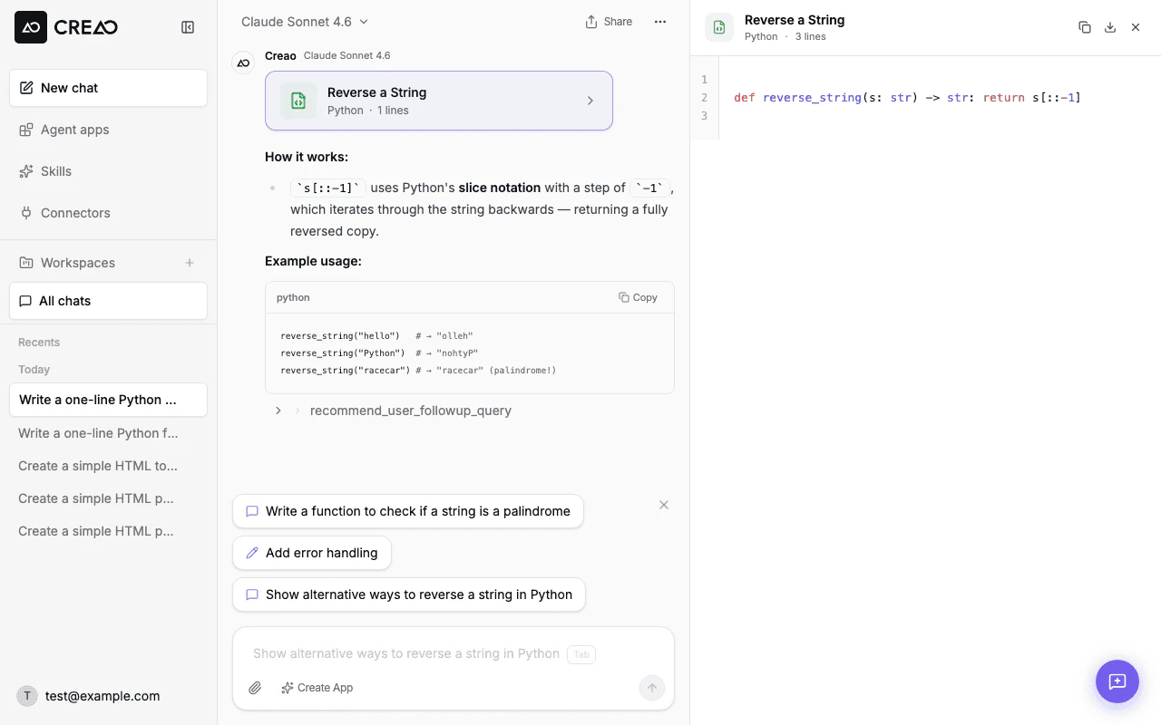 Chat thread with a completed response and the Create Agent button visible in the input bar
