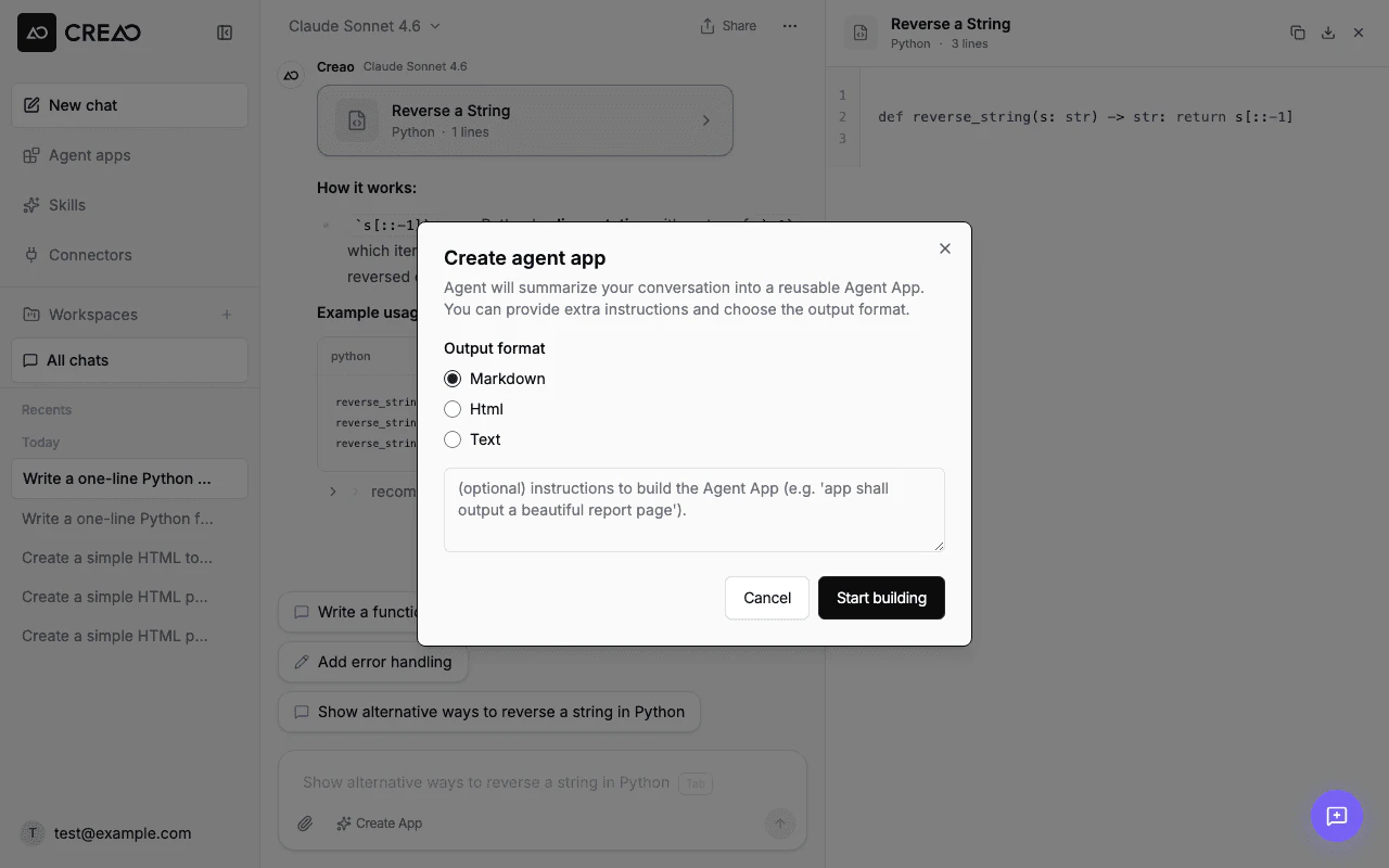 Create agent dialog showing output format selector and optional instructions textarea