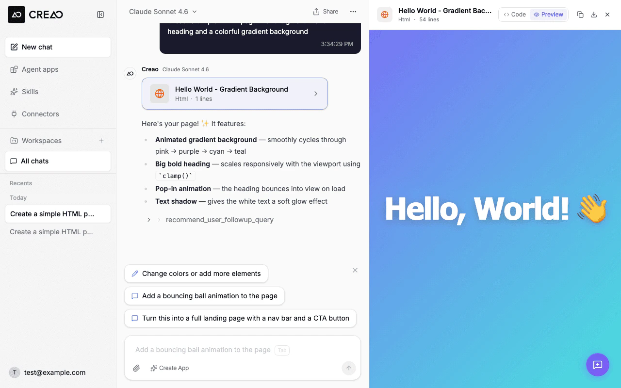 Split view with chat on the left and an interactive HTML artifact preview on the right