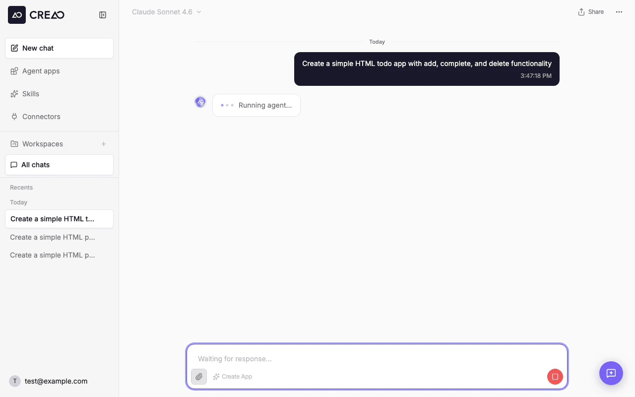 Chat showing user message and the agent's Running agent thinking indicator