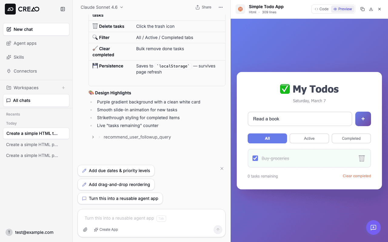 Todo app preview with Buy groceries checked off and Read a book being typed