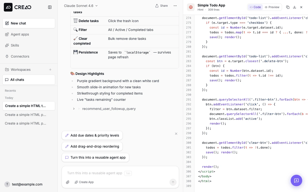 Artifact panel in Code view showing the todo app's JavaScript source with line numbers