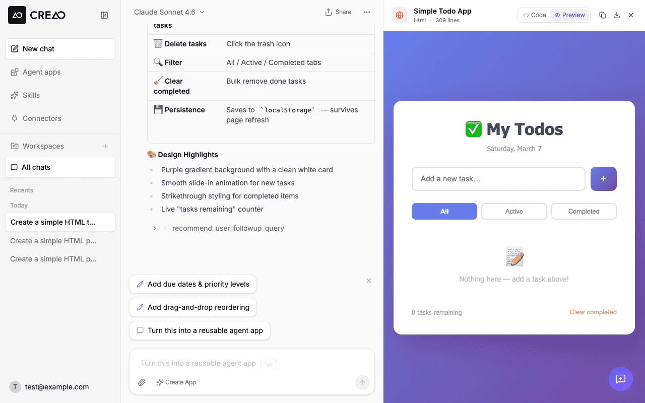 Split view with chat response on the left and a rendered todo app preview on the right
