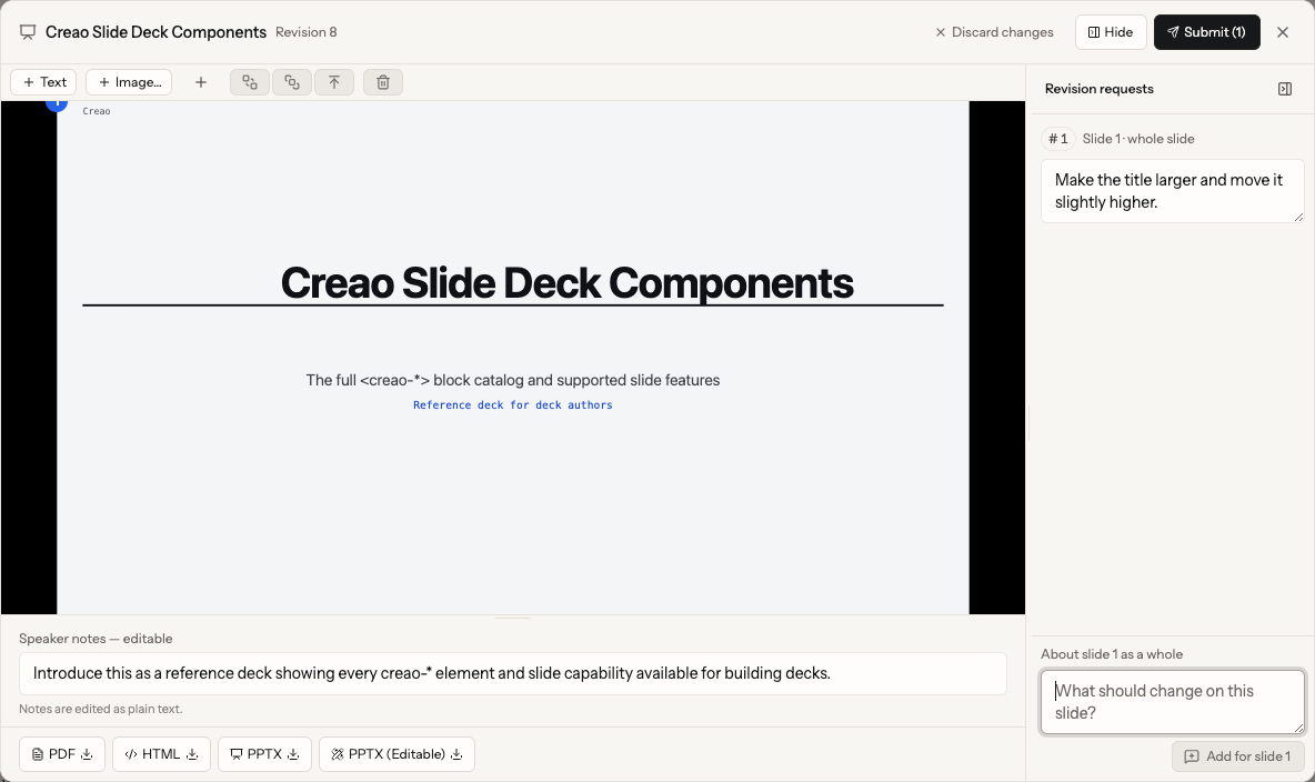 English annotation mode showing a slide, revision requests, speaker notes, and the Submit button