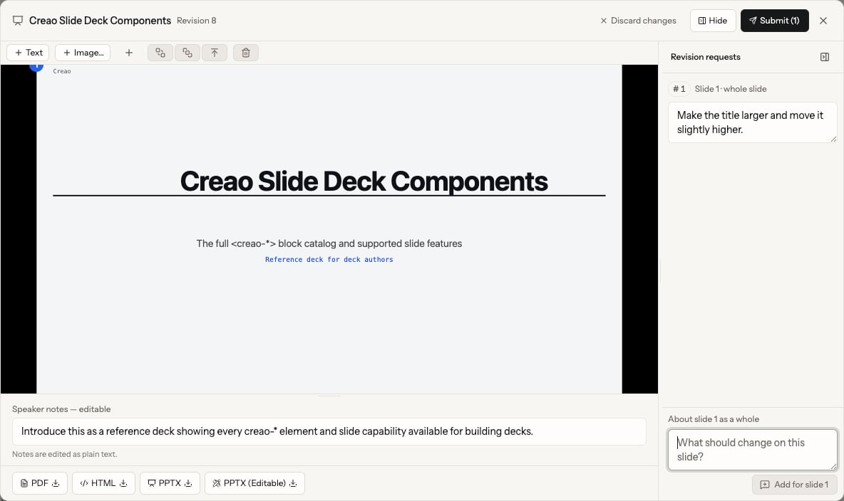 English annotation mode showing a slide, revision requests, speaker notes, and the Submit button