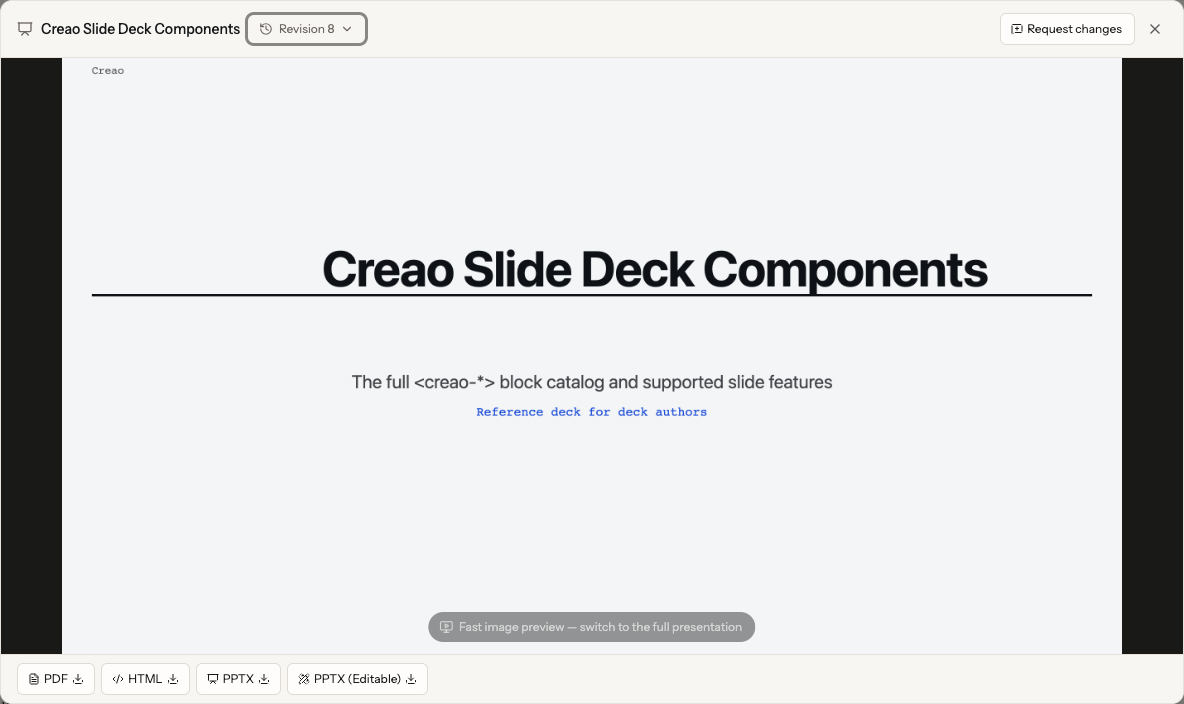 An English slide deck preview with navigation, speaker notes, editing controls, and download buttons