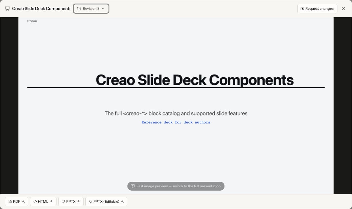 An English slide deck preview with navigation, speaker notes, editing controls, and download buttons