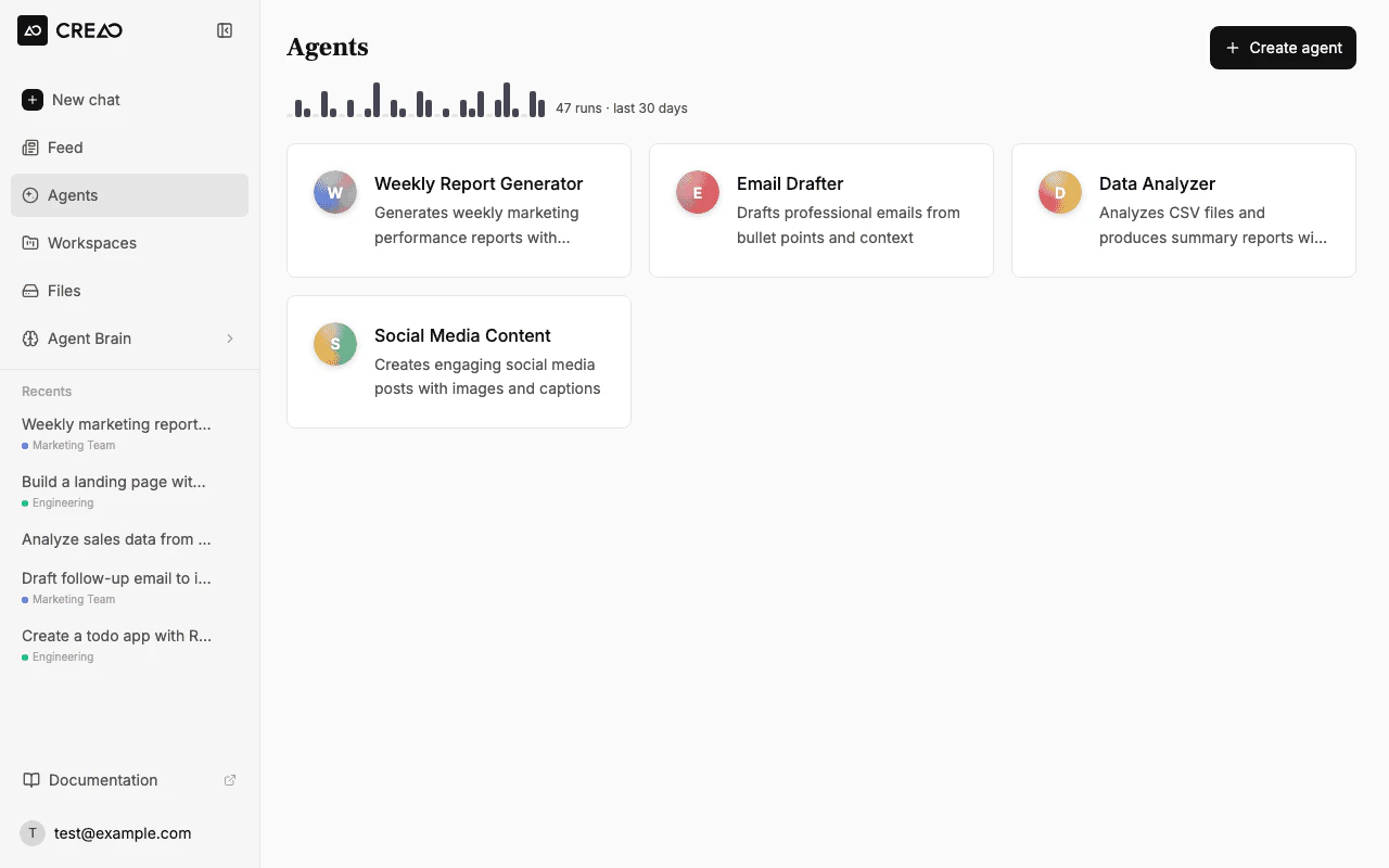Agents listing page showing agent cards with names and descriptions