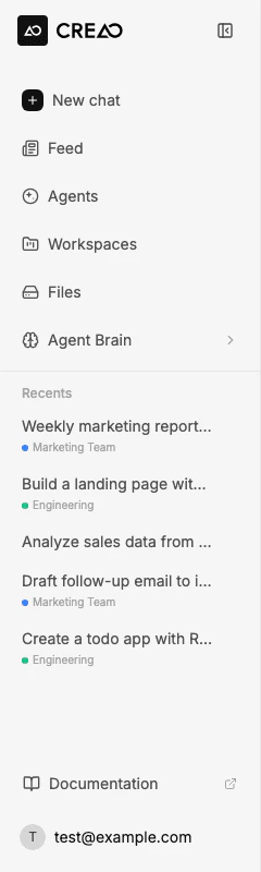 Sidebar with CREAO logo, navigation items, workspaces section, and recent threads