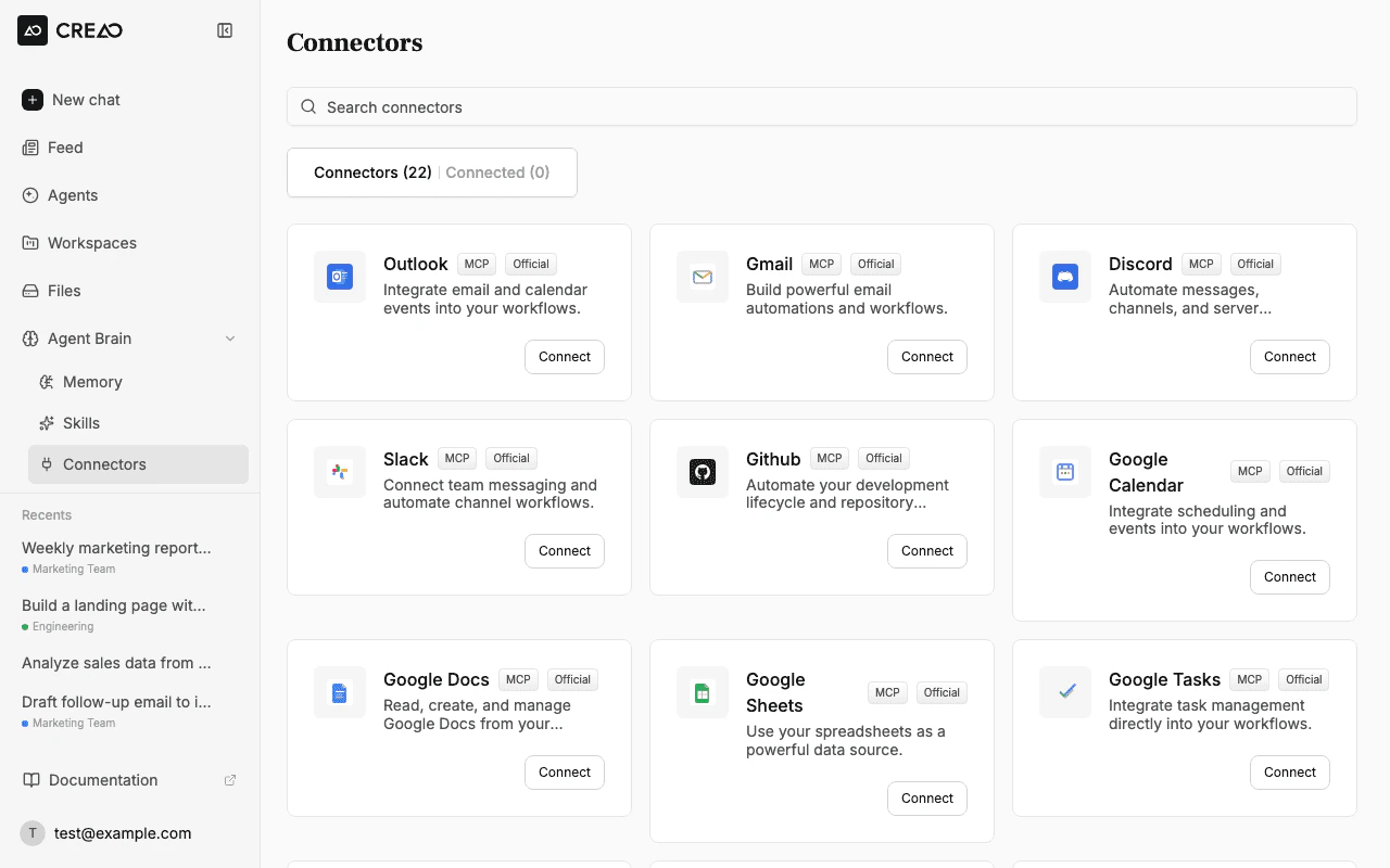 Connectors page with available services like Gmail, Slack, GitHub, and more
