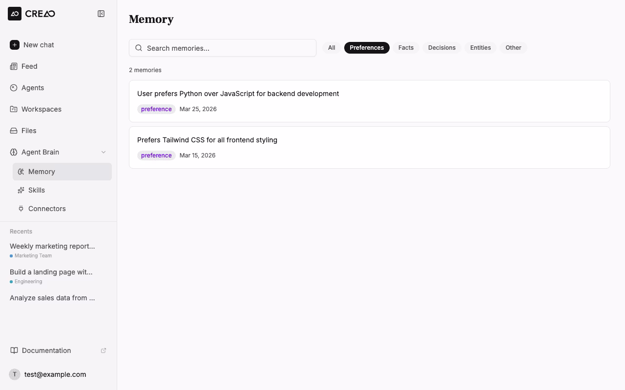 Memory category filter showing only preferences