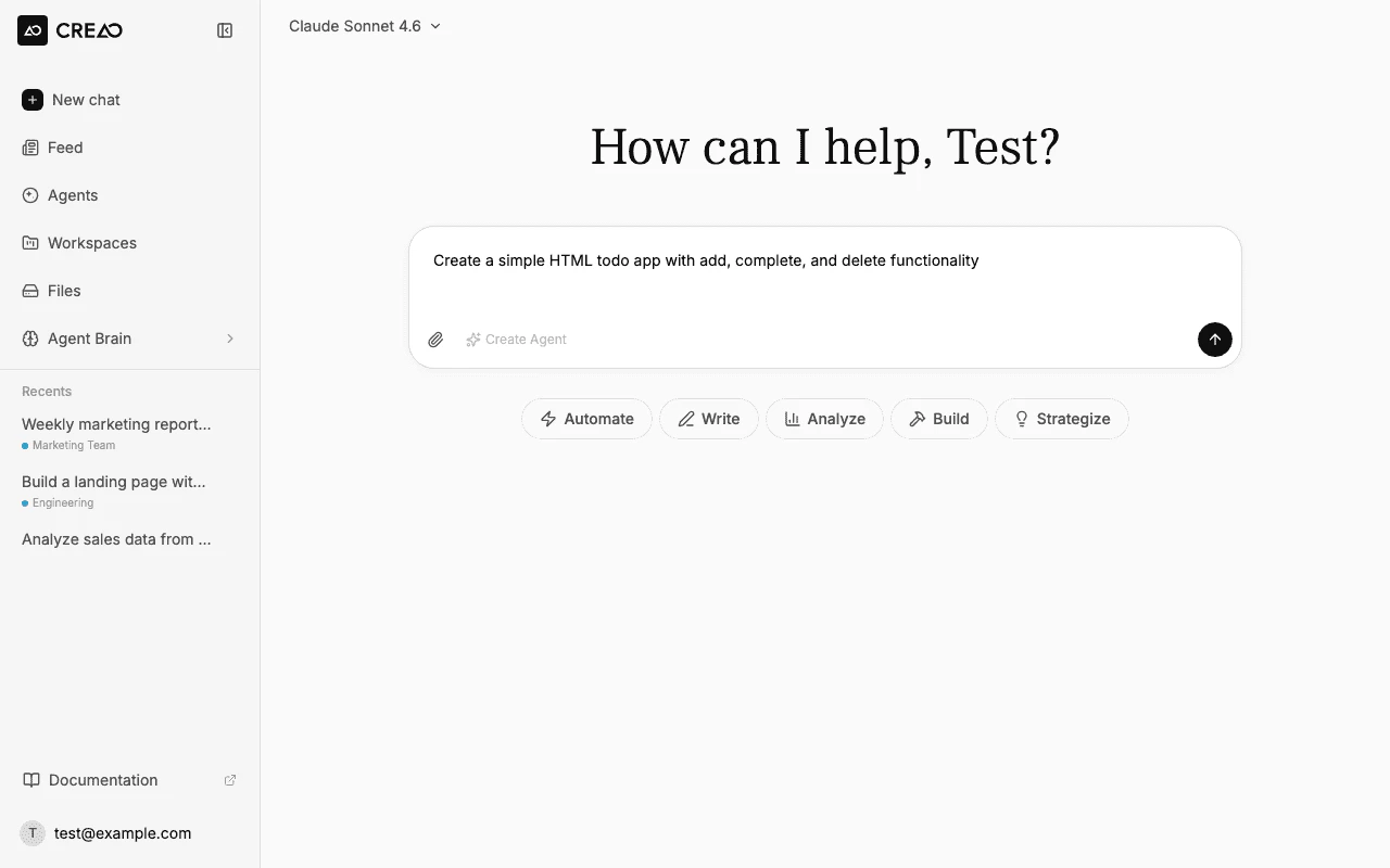 Chat page with a todo app request typed in the input bar