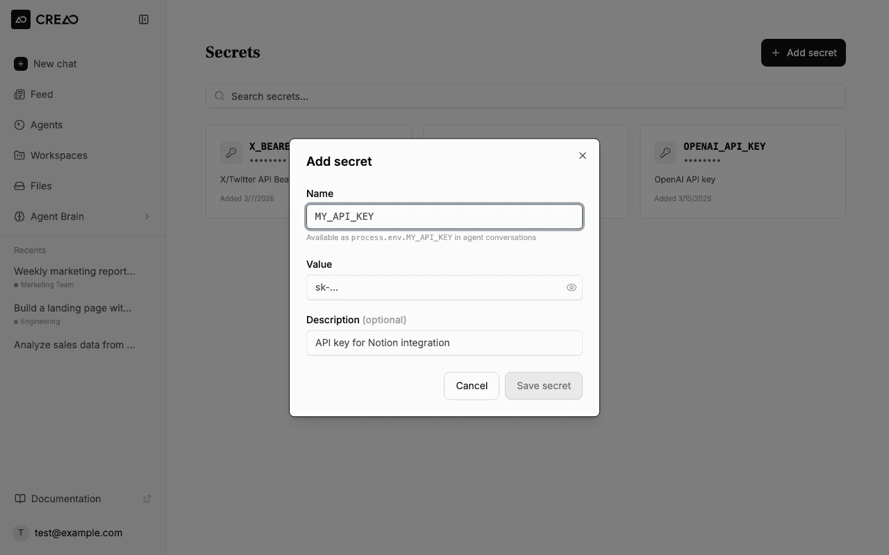 Add secret dialog filled with X_BEARER_TOKEN