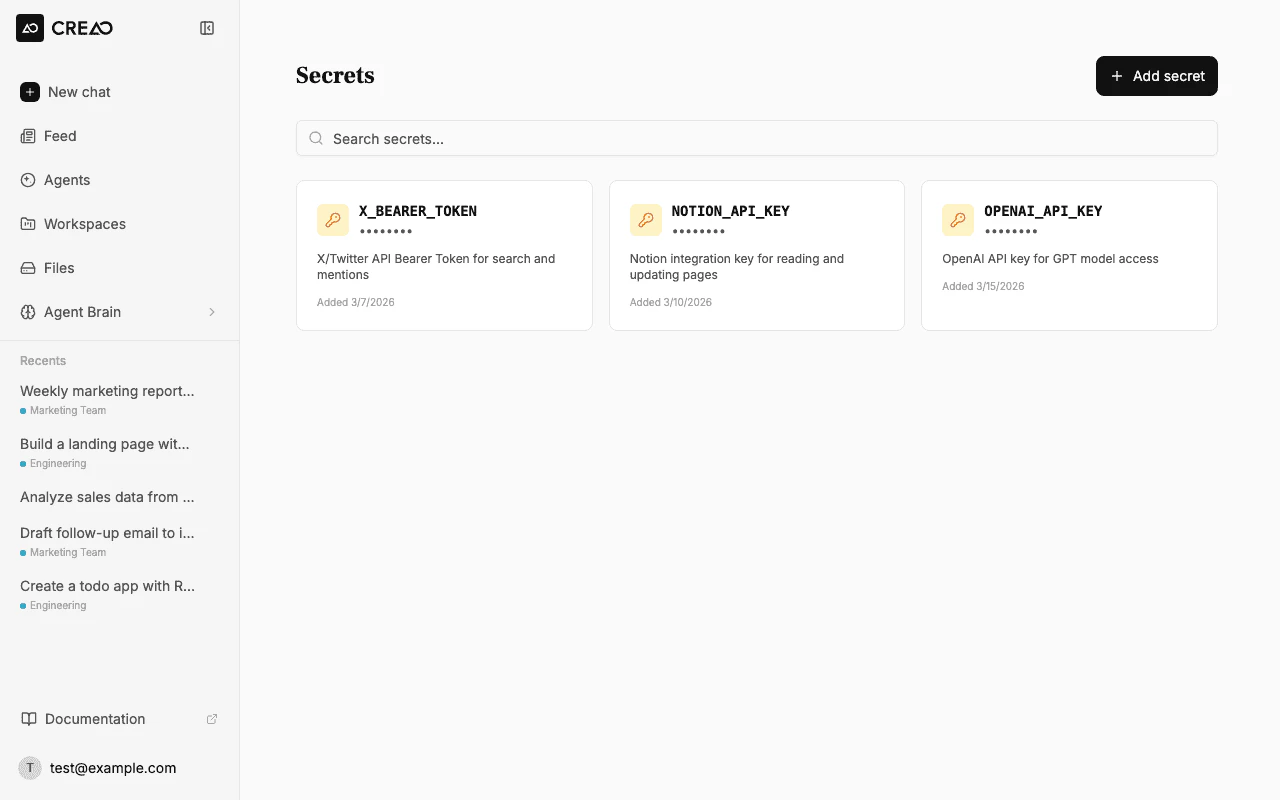Secrets page with multiple secret cards showing masked values