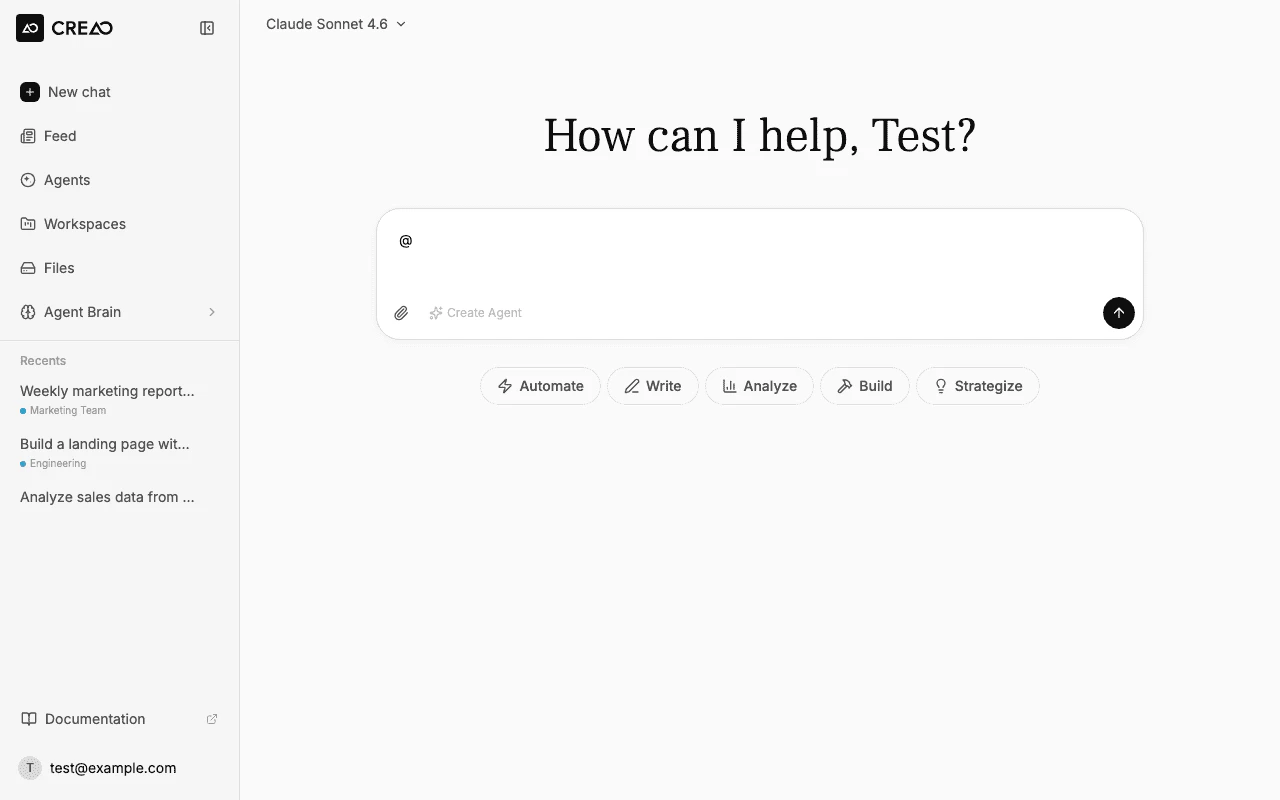 Chat input with @ mention popover listing available skills