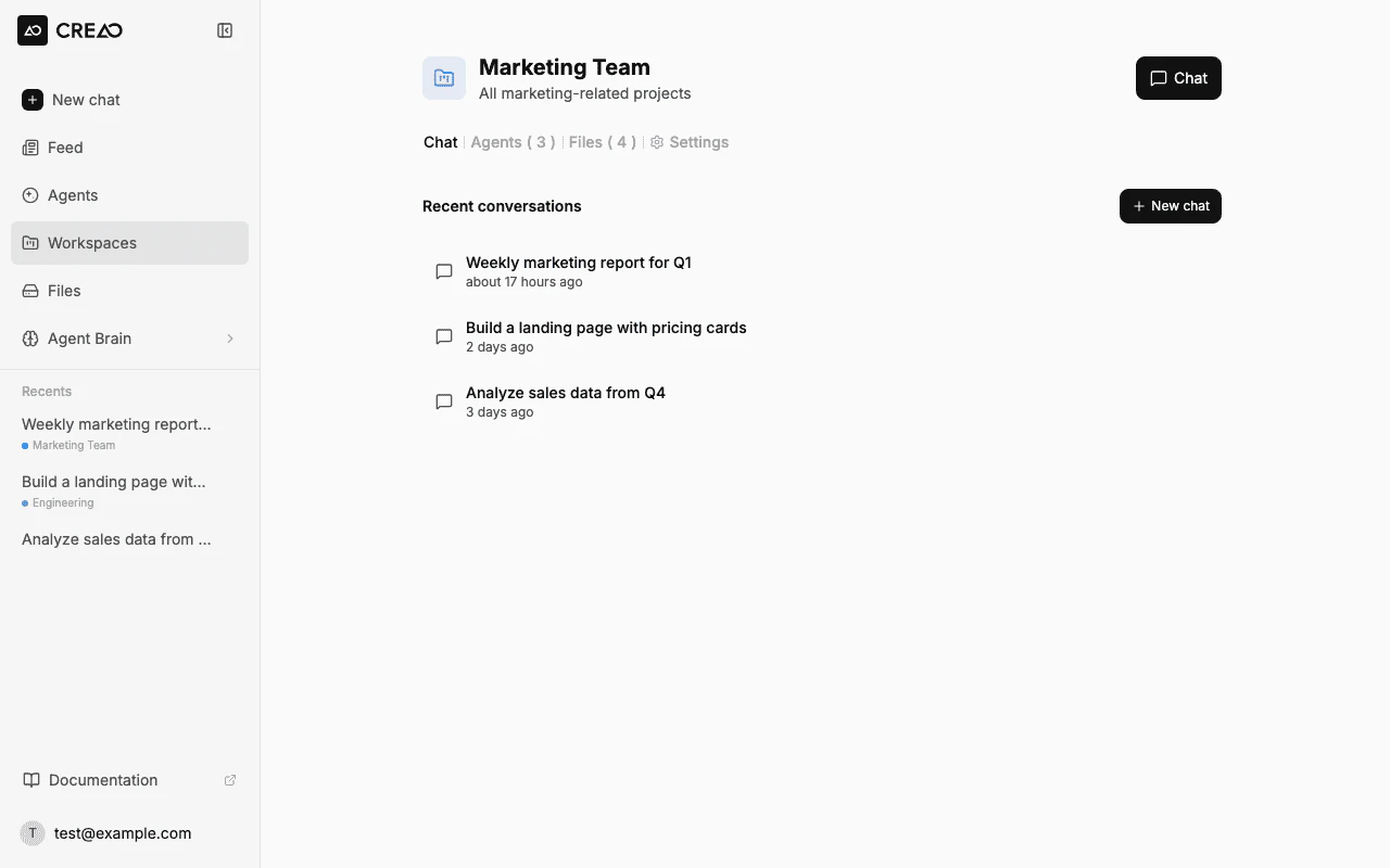 Workspace files section with upload area