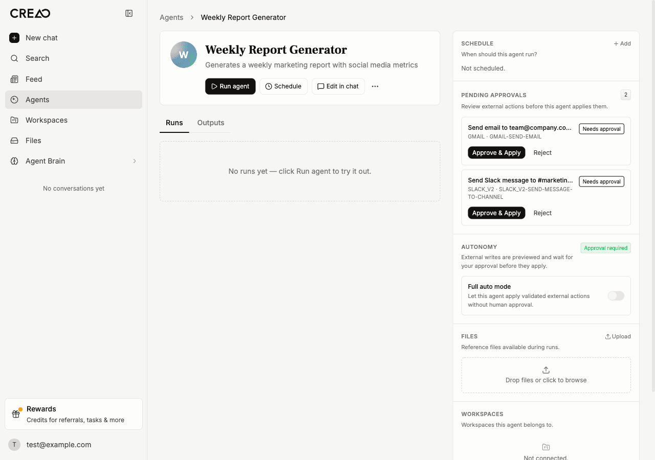 Agent detail page with two pending approval cards showing Approve & Apply and Reject buttons, and the Autonomy section with Full auto mode toggle