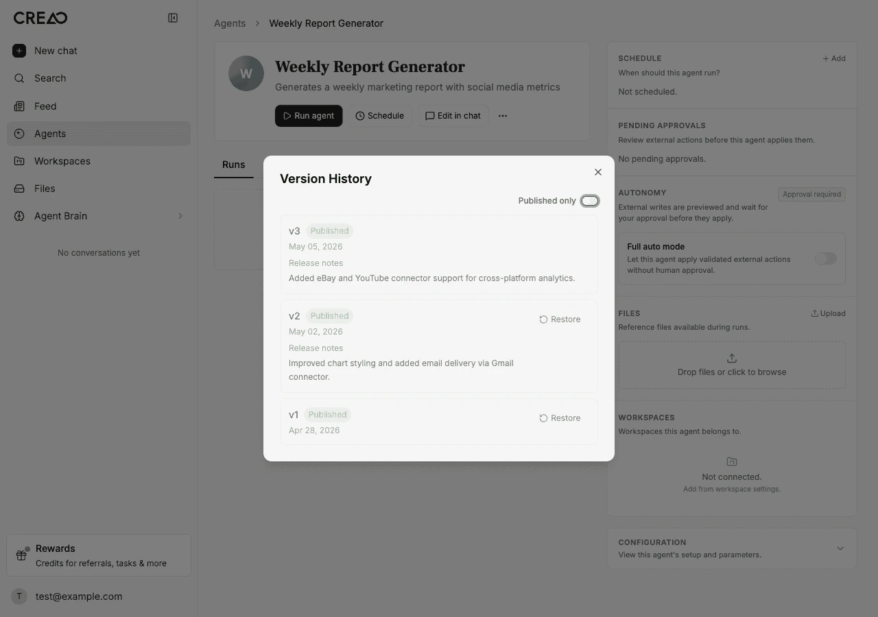 Version History dialog listing v3, v2, and v1 with published badges, dates, and release notes