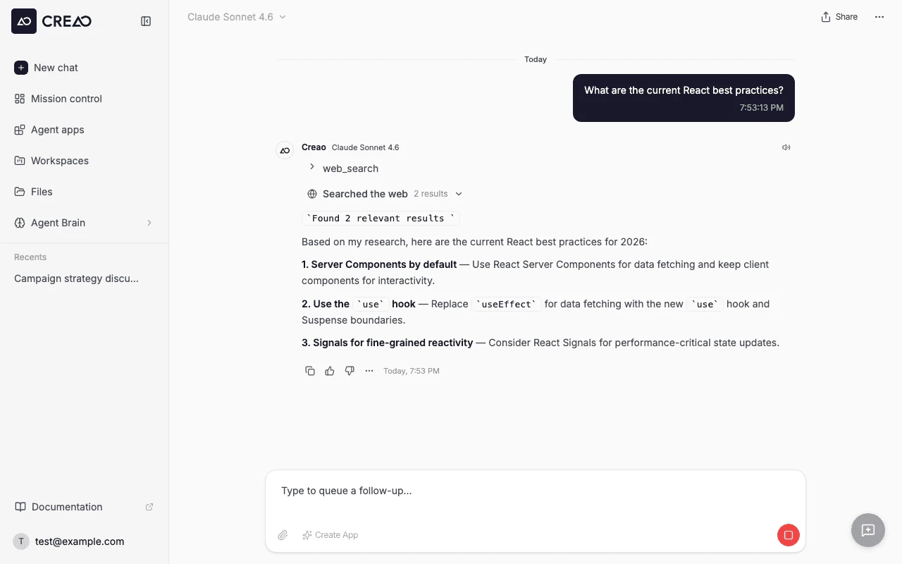 Chat showing a user message, web search tool execution with results, and streamed text response