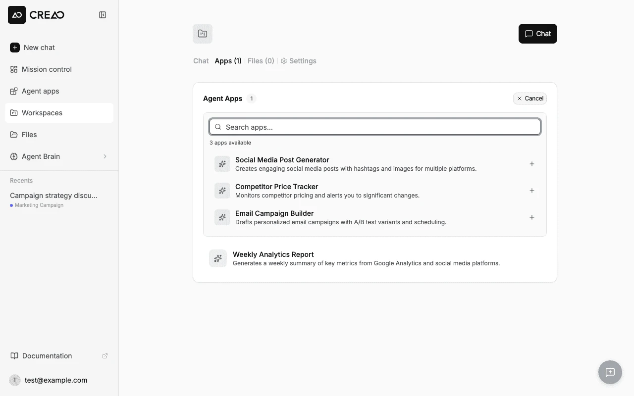 Agents picker showing search input, agent count, and agent descriptions with add buttons
