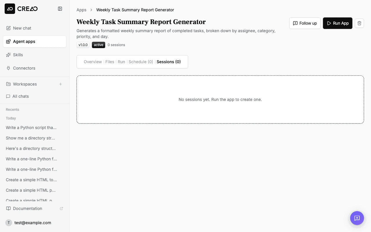 Sessions tab with run history