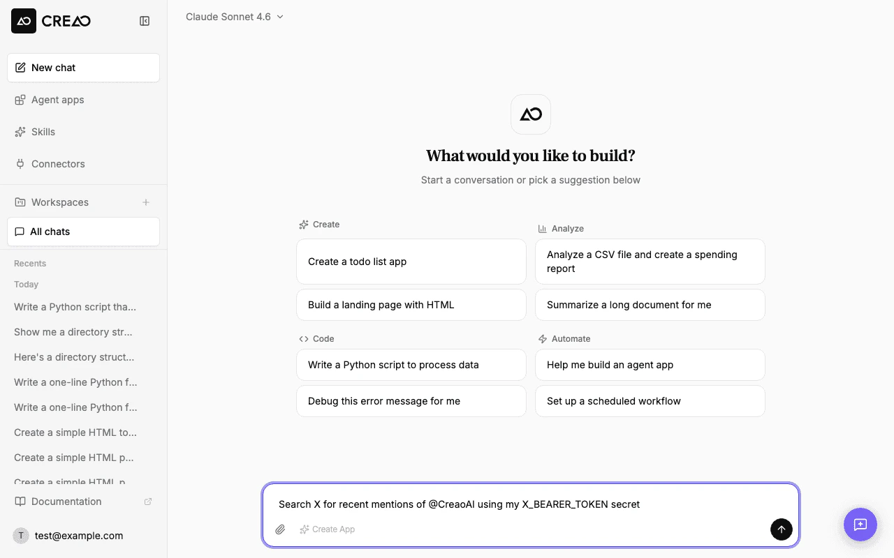 Chat input with a prompt referencing the X_BEARER_TOKEN secret