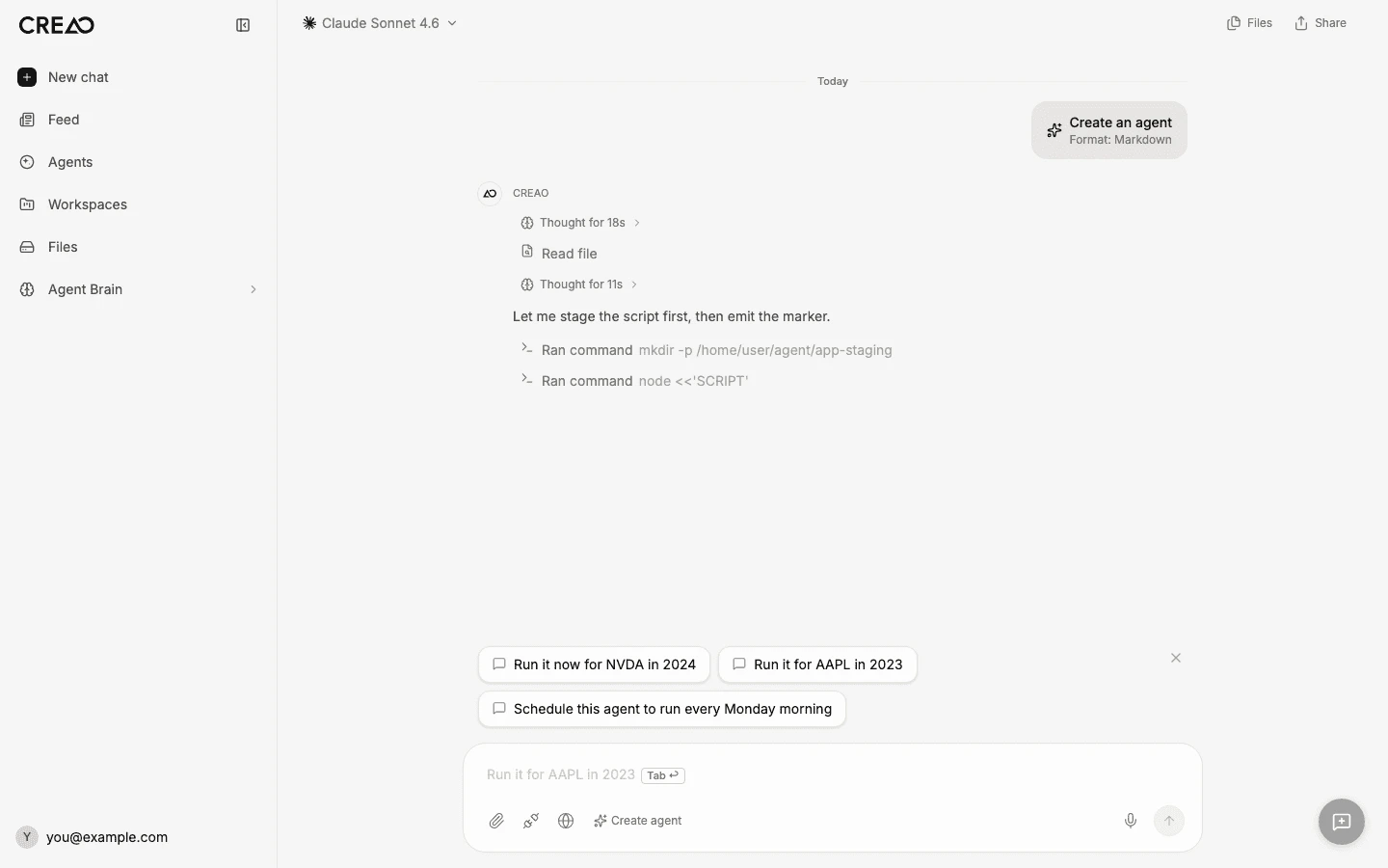 Persist turn showing a cp command into app-staging, then a node marker emission, followed by the app creation confirmation