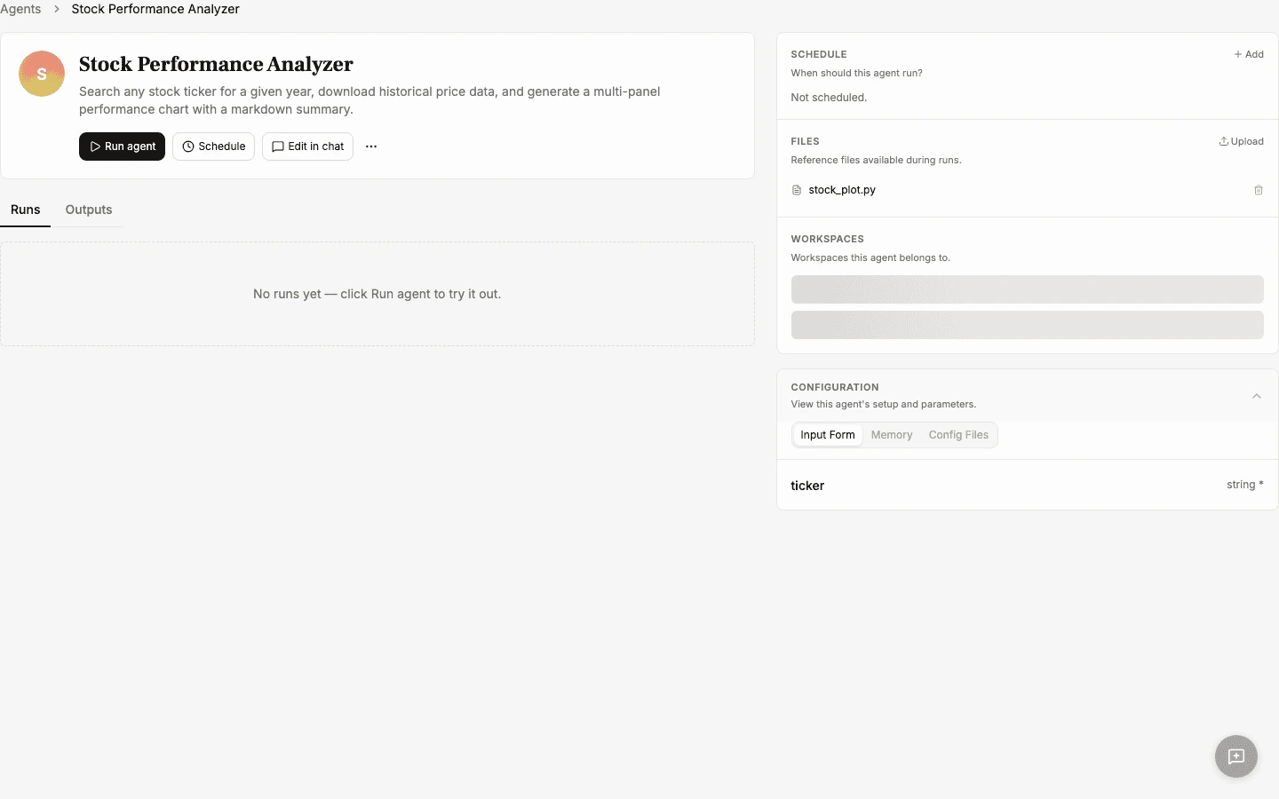 Agent detail page for Stock Performance Analyzer with the right-side Files panel listing stock_plot.py
