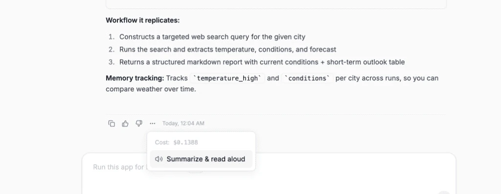 Message action menu showing Cost and Summarize and read aloud option with speaker icon