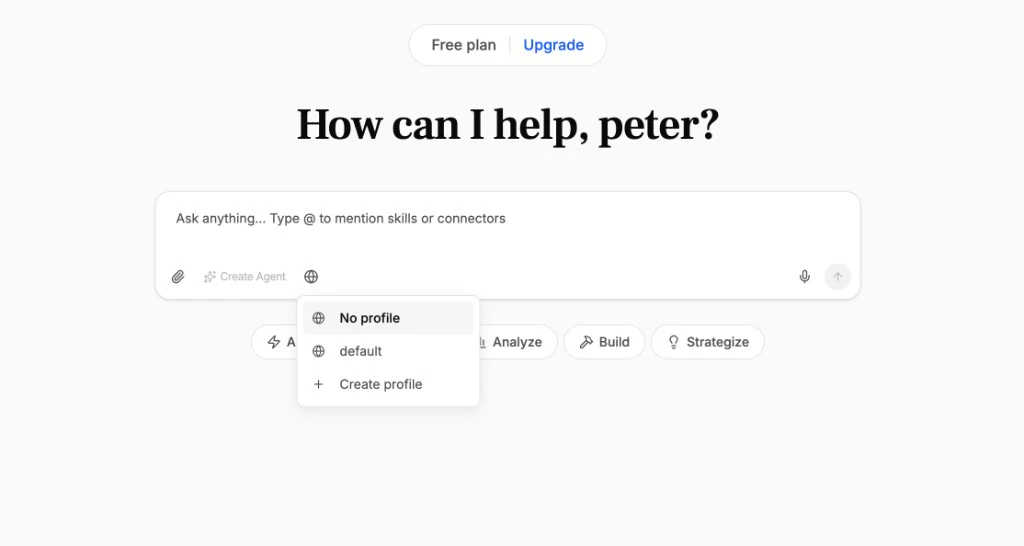Globe dropdown showing Create default profile option