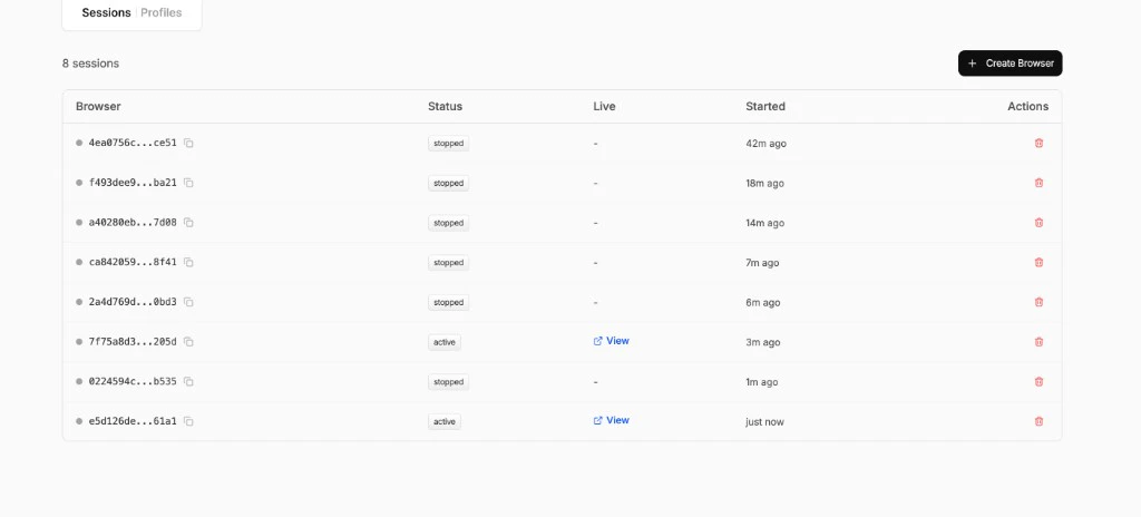 Sessions list with status, live view links, and actions