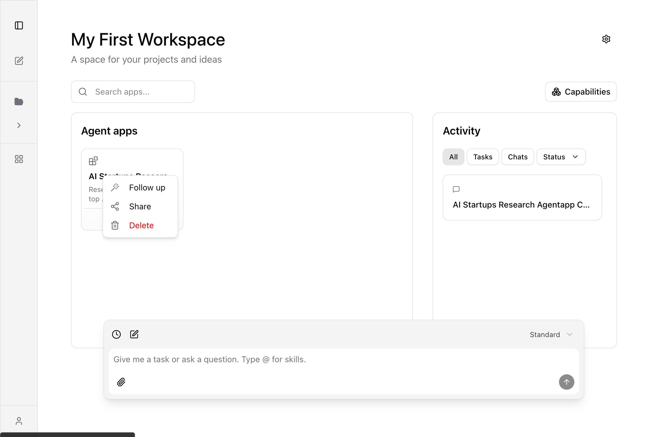Agent App card with Follow up menu