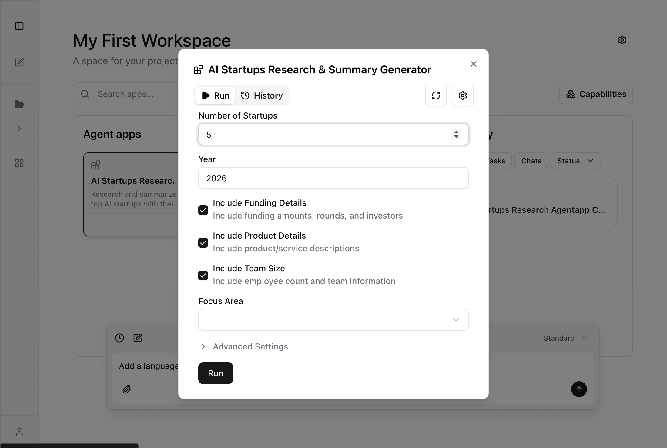 Agent App Run tab with form fields