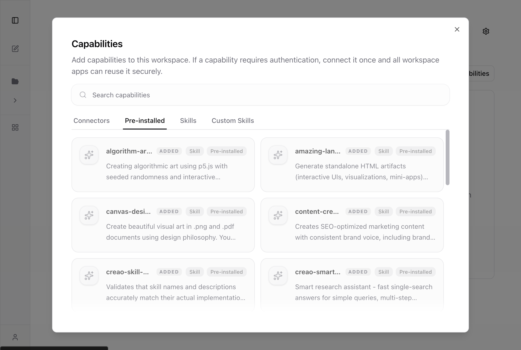 Pre-installed tab showing Skills already in the workspace