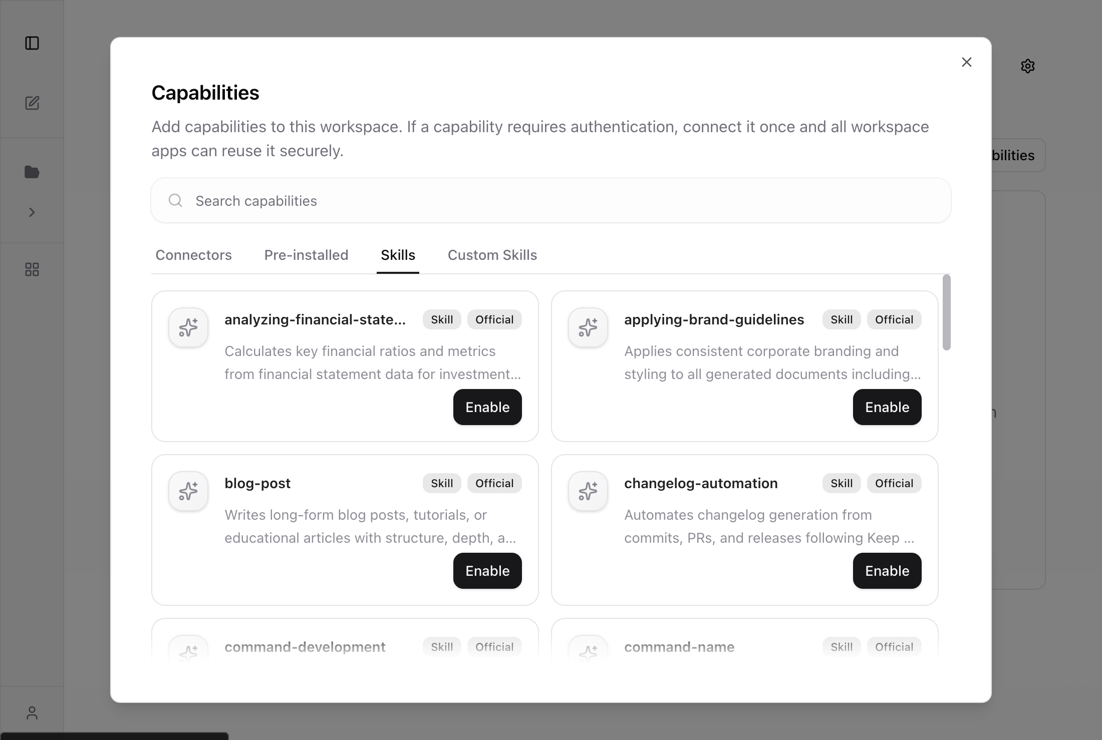 Skills tab showing official Skills available to enable