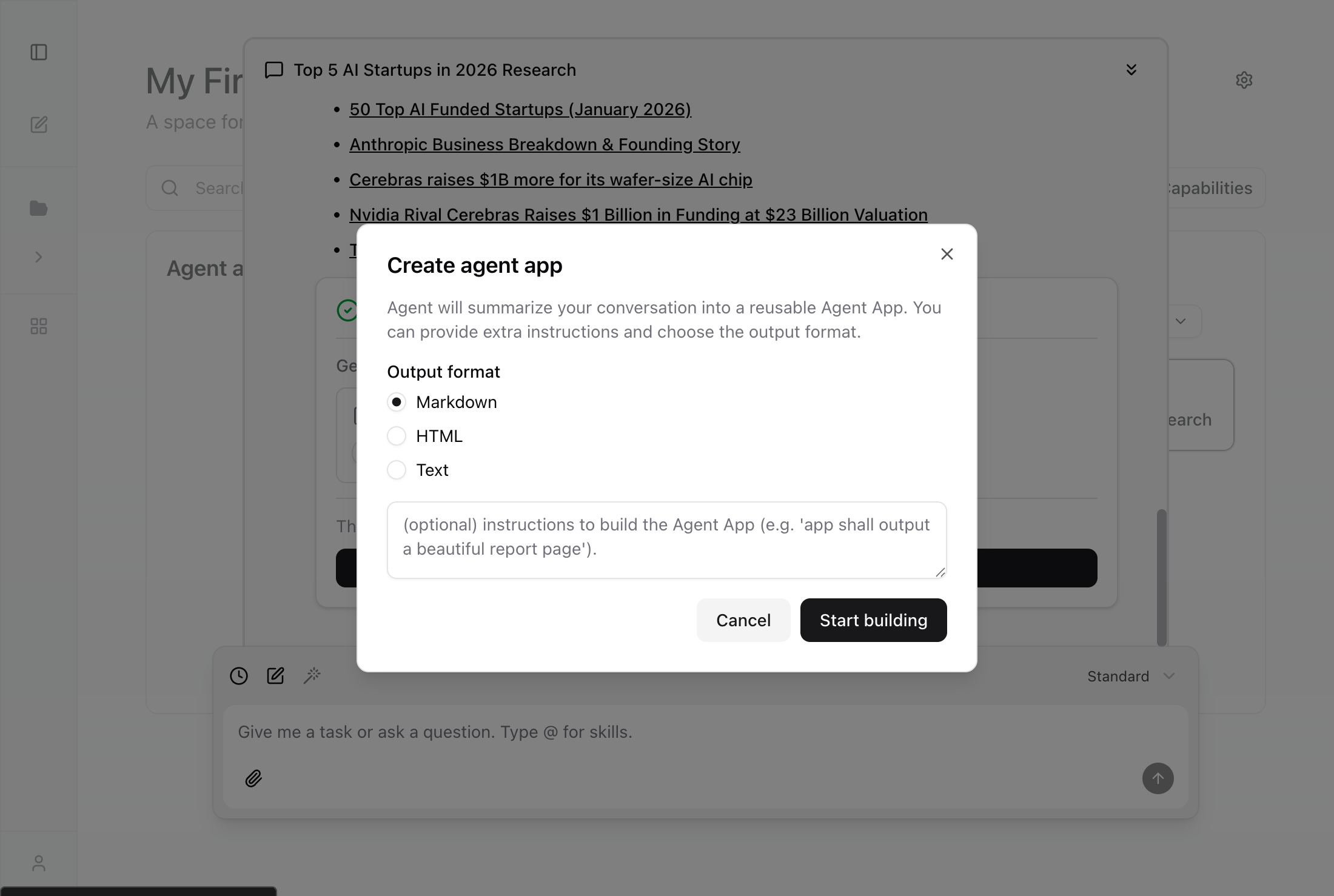 Create agent app dialog