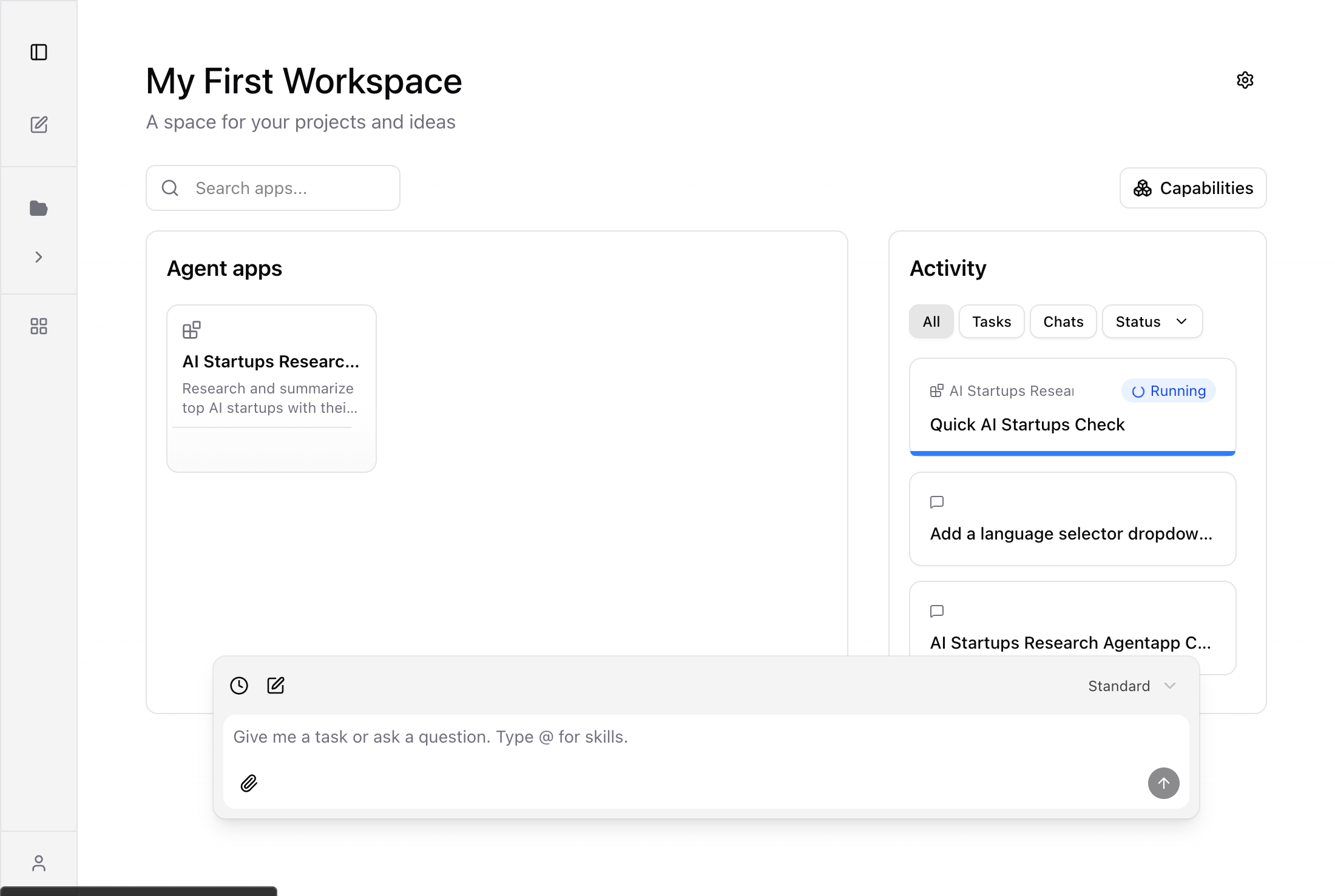 Home page showing workspace with 19 capabilities