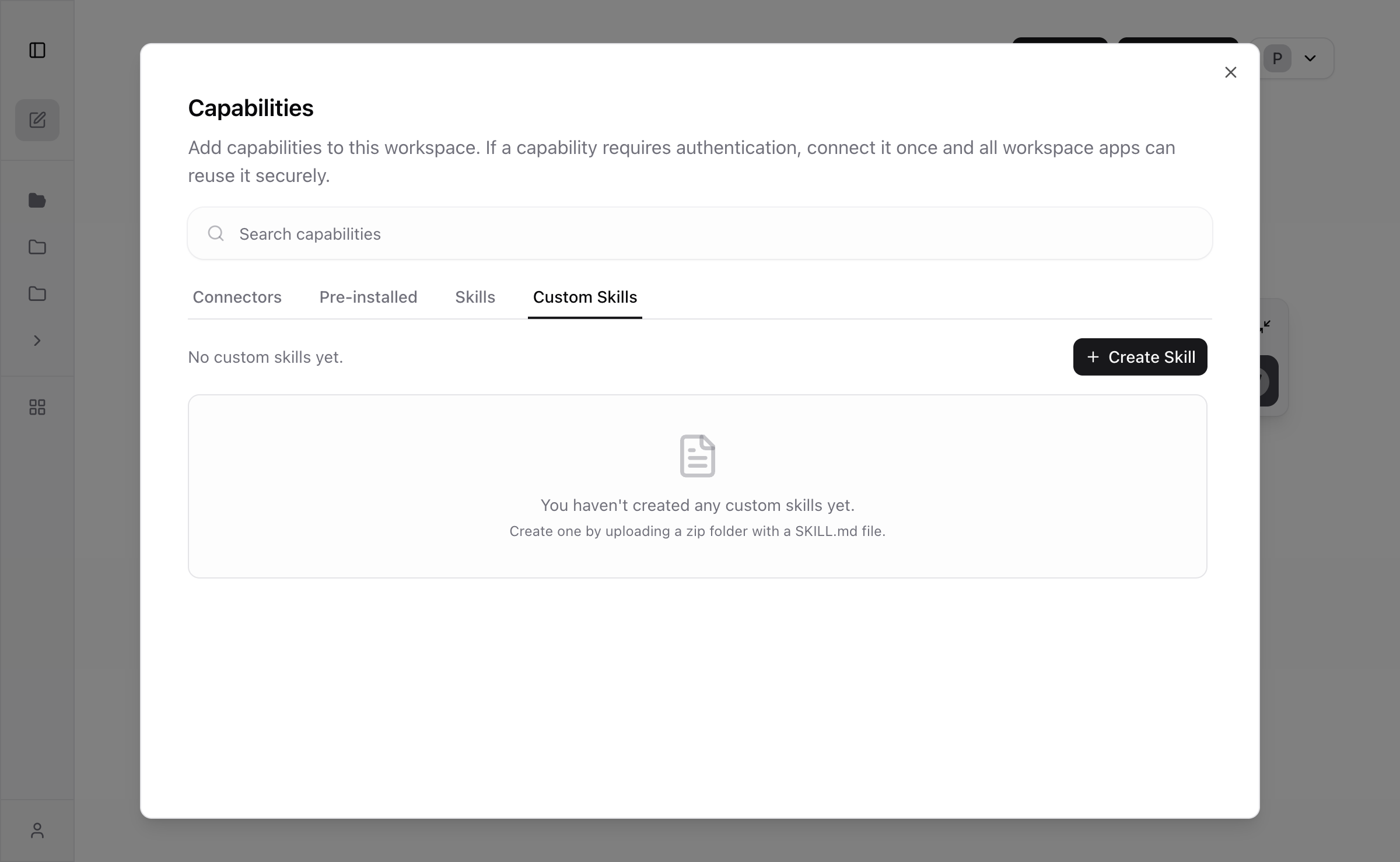 Custom Skills tab showing empty state