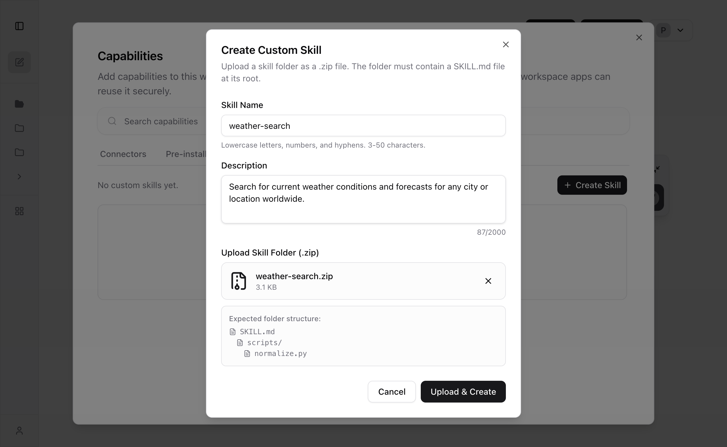 Create Custom Skill dialog filled with weather-search name, description, and zip file attached